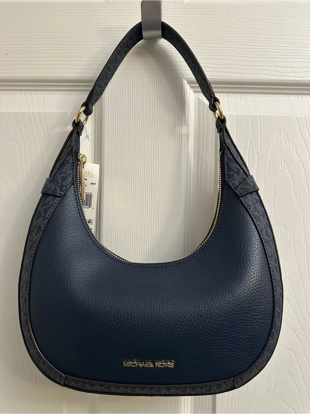 Michael Kors Navy Pebbled Leather Hobo with Gold-Tone Accents